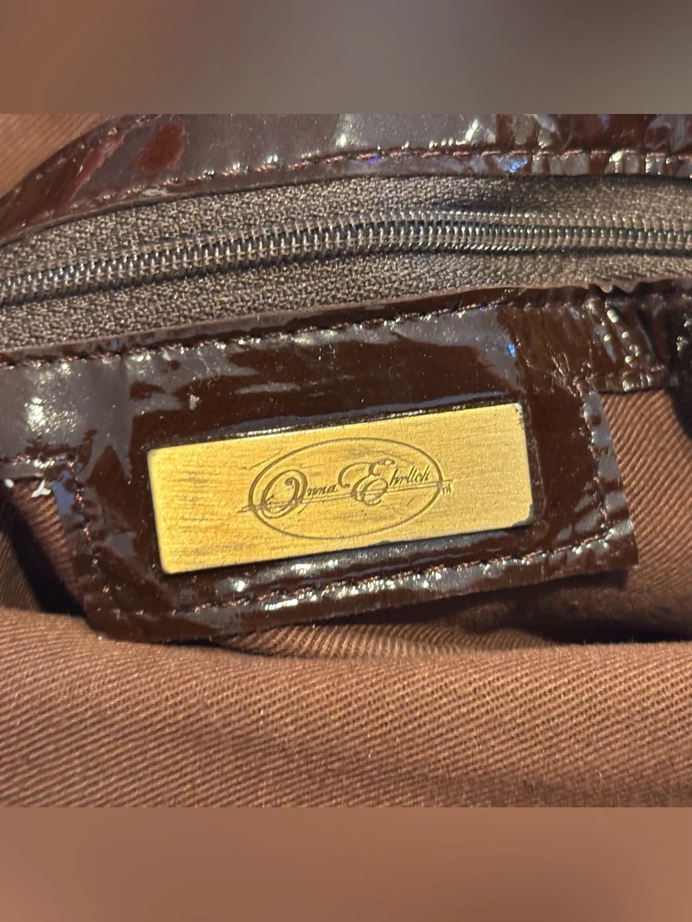 Onna Ehrlich Glossy Ruched Patent Brown Clutch Wristlet